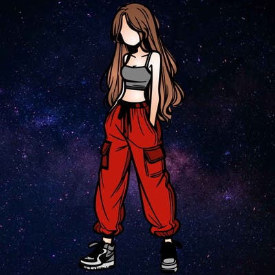 girl in baggy pants crop top and long hair