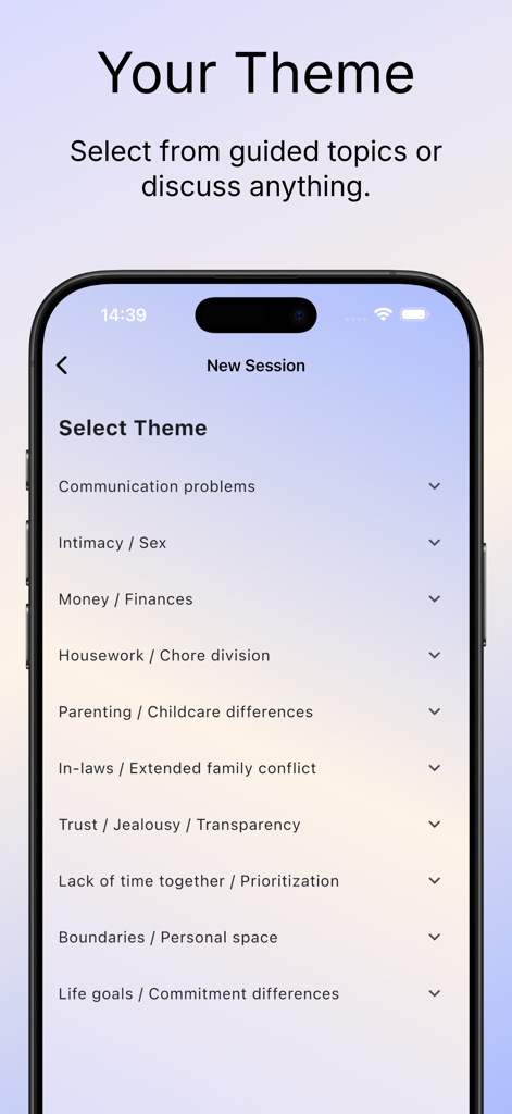 BetterCouple app screen showing a list of relationship topics like communication and finances to start an AI counseling session
