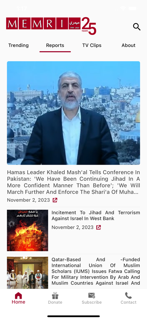 MEMRI iPhone Edition - Página de relatórios do aplicativo de notícias MEMRI exibindo artigos e traduções de mídia.