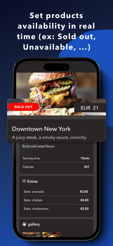 Interface de l'application de menu numérique montrant un burger marqué comme épuisé pour une disponibilité en temps réel