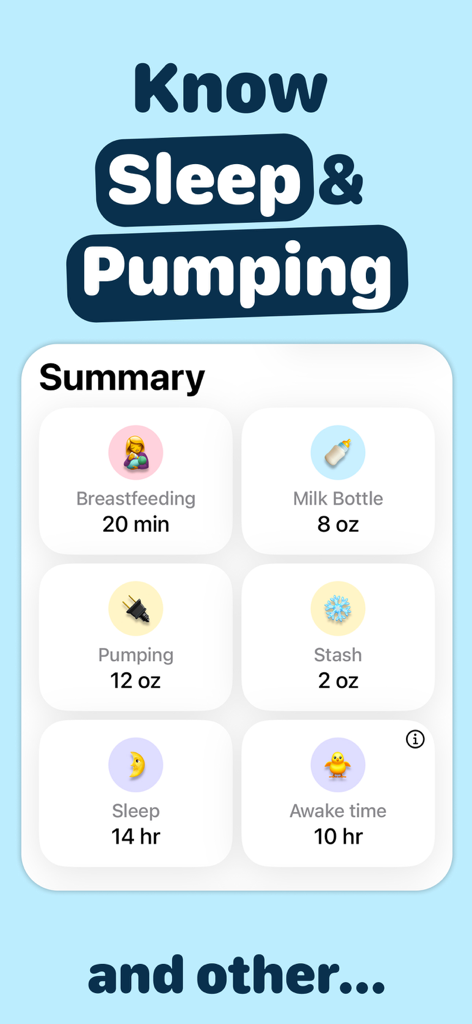 Baby Feed Timer - Babee - Dashboard summary showing baby feeding pumping and sleep statistics in the Babee app