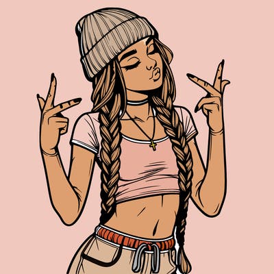 realistic teenage girl with braids and a beanie and crop top doing 🫶🏼