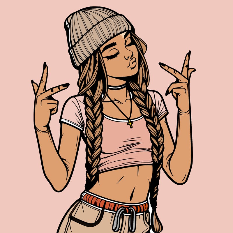 realistic teenage girl with braids and a beanie and crop top doing 🫶🏼