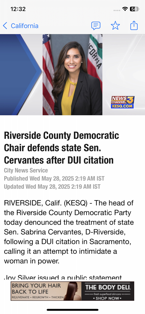 Screenshot of the KESQ app showing a local news article about a Riverside County political story