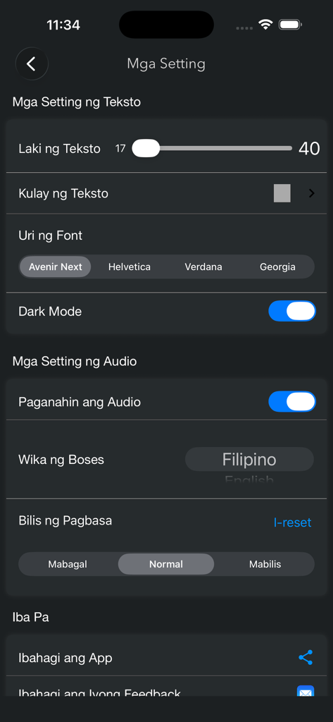 Tagalog Bible – Audio Offline - Pantalla de configuración de la aplicación de la Biblia Tagala mostrando personalización de texto y opciones de reproducción de audio en filipino.