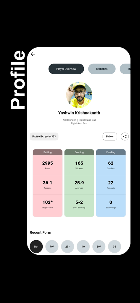 Cricket player profile screen showing batting bowling and fielding statistics