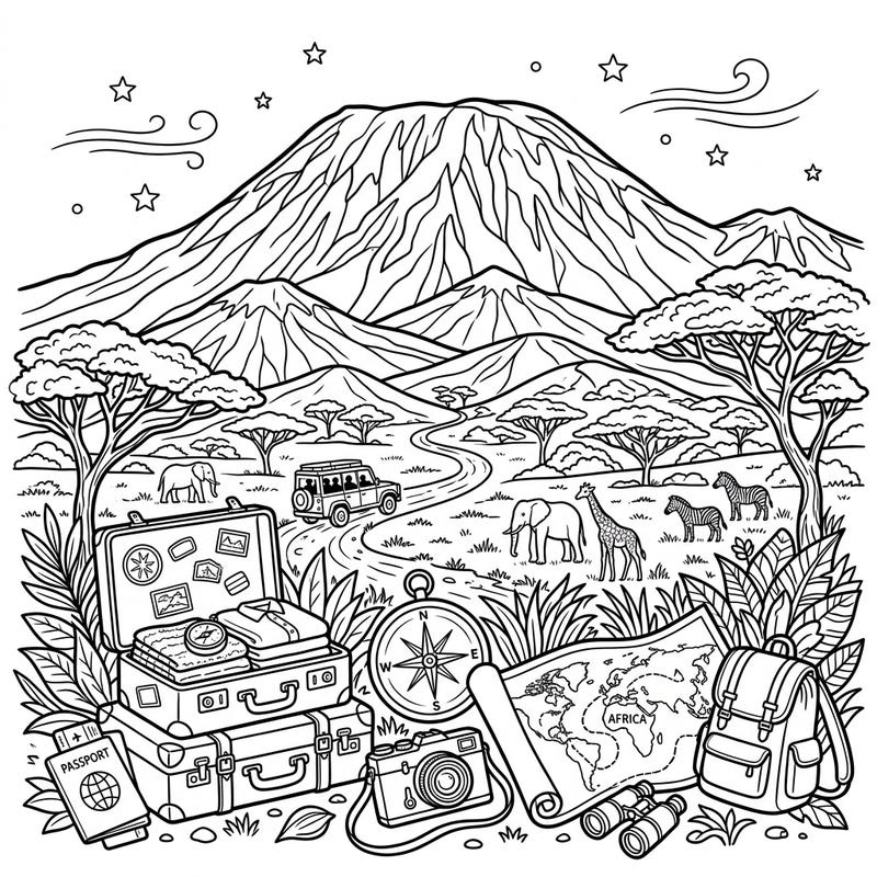Prepare for an unforgettable artistic expedition with this Mount Kilimanjaro and safari vacation coloring page. It's packed with thrilling details, from wild animals to essential travel gear, inviting you to color your dream African adventure.