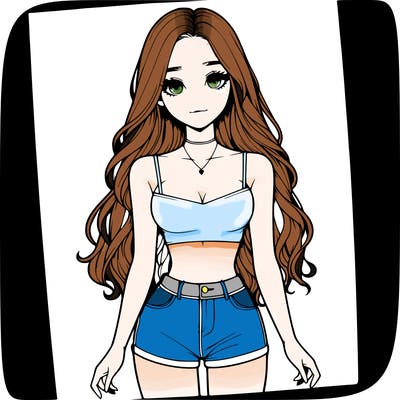 a realistic girl with long hair and in a crop top and shprts