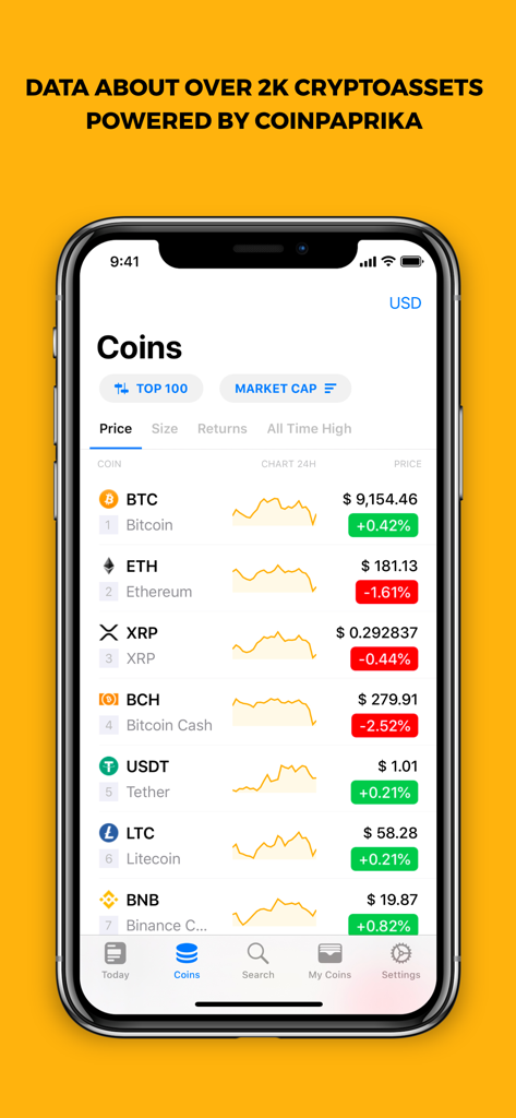 COINS: One App For Crypto - Mobile application interface displaying real time prices and charts for various cryptocurrencies powered by Coinpaprika