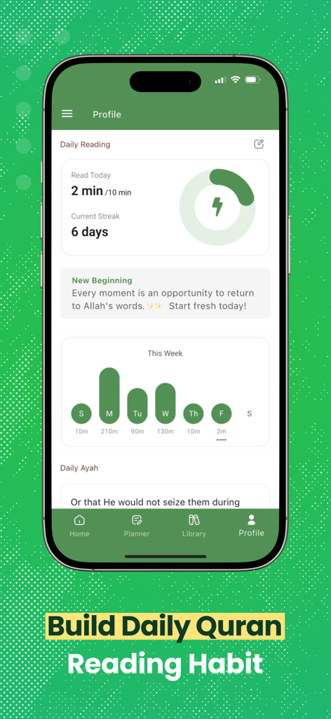 Al Quran app profile screen showing daily reading progress streaks and weekly activity charts