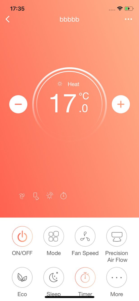 Intelligent AC - Intelligent AC mobile app interface showing a 17 degree Celsius temperature setting in heat mode with control buttons