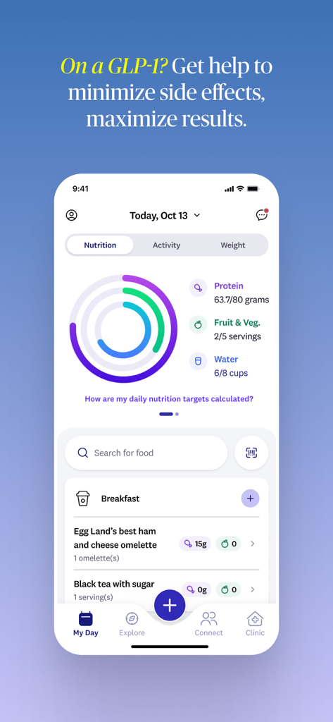 WeightWatchers Program - Interfaz de la aplicación WeightWatchers que muestra el seguimiento de proteínas, agua y alimentos para usuarios del programa GLP-1.