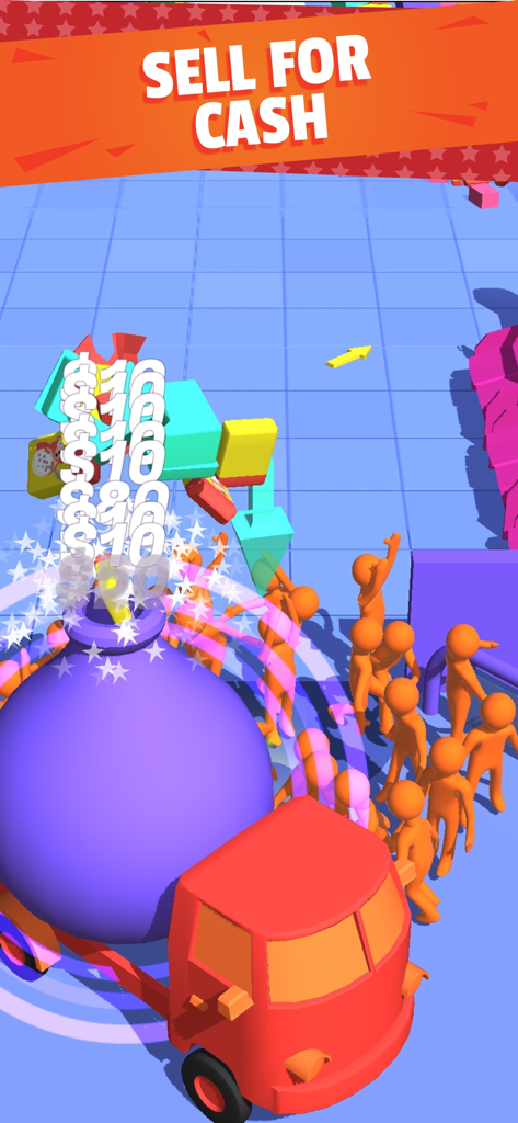 Characters throwing shopping items into a truck for cash in Crazy Shopping game