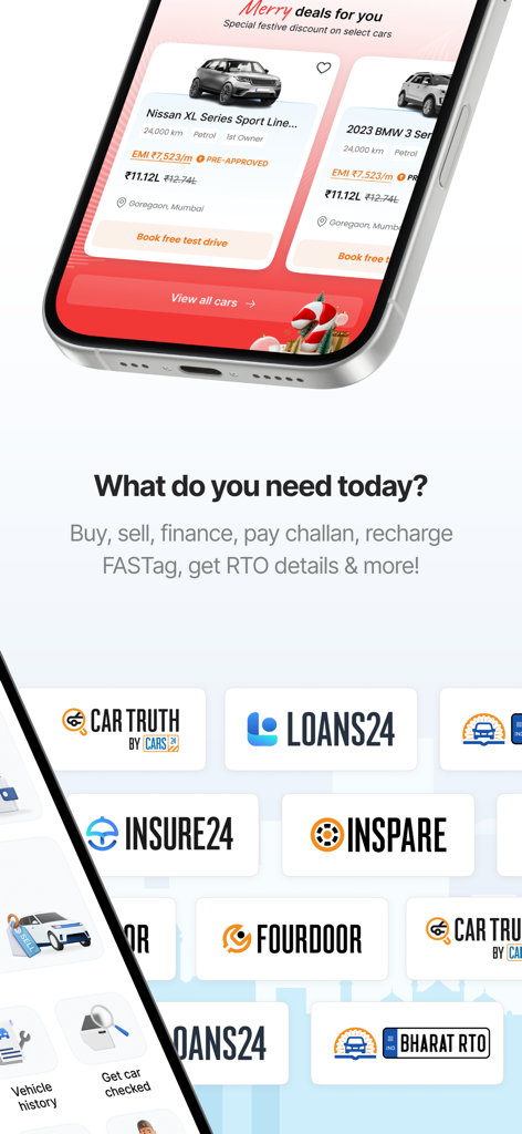 CARS24 mobile app interface showing car listings and various automotive service options like loans and insurance.