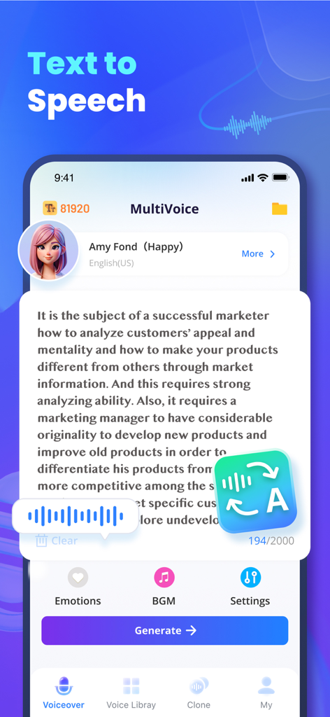 Interfaz de la aplicación VoxBox AI para convertir texto a voz con selección de voz y opciones de personalización