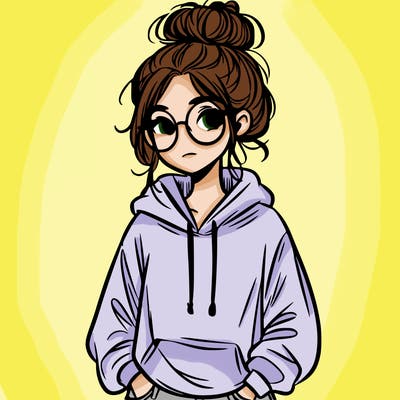 teen girl with a messy bun and glasses wearing a loose hoodie and jeans