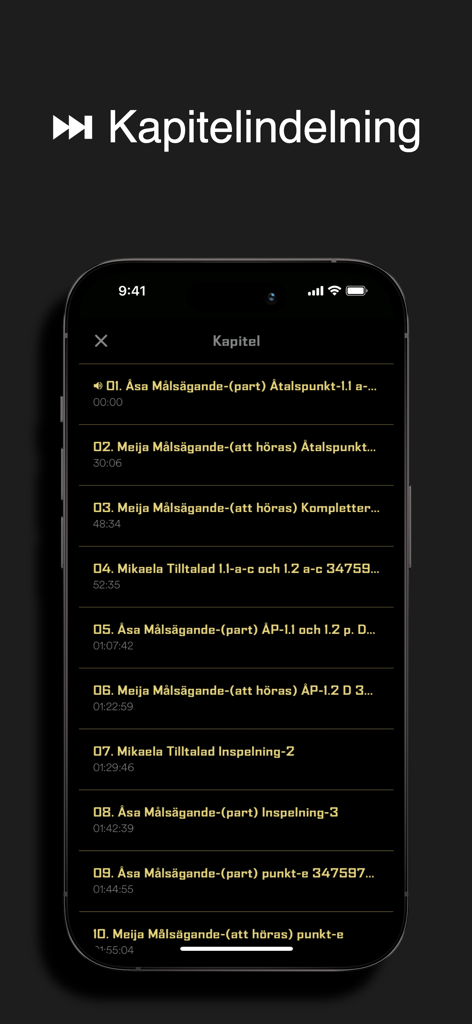 RÄTTEGÅNGSAPPEN | PODCAST - A mobile app screen showing a numbered list of chapters for a legal trial podcast.