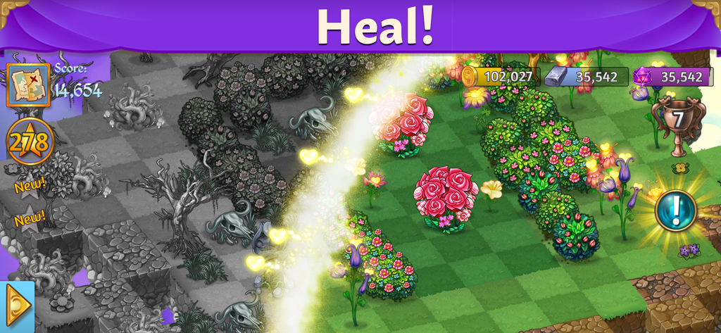 A vibrant gameplay scene from Merge Dragons showing magical light restoring a grey cursed land into a lush green garden with flowers.
