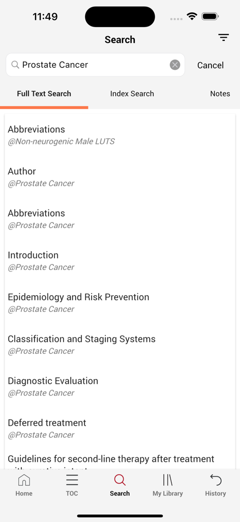 Interfaz móvil de la aplicación EAU-Guidelines mostrando resultados de búsqueda de directrices sobre el cáncer de próstata.