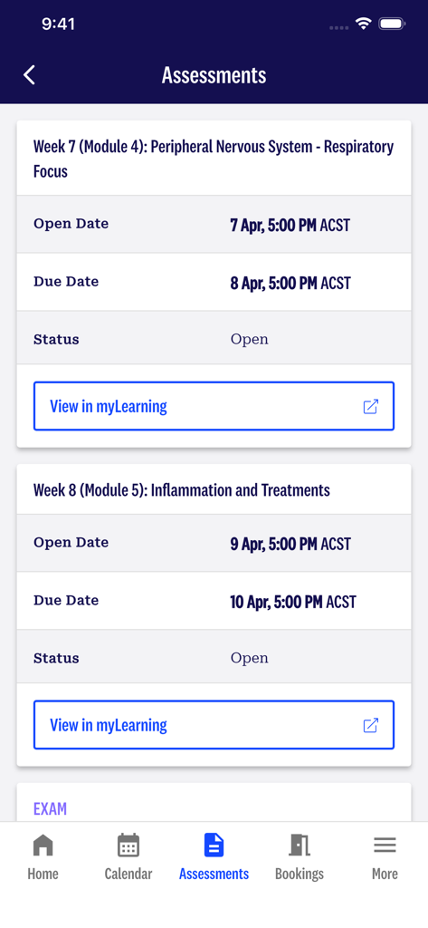 Adelaide University app assessments interface displaying module titles and due dates
