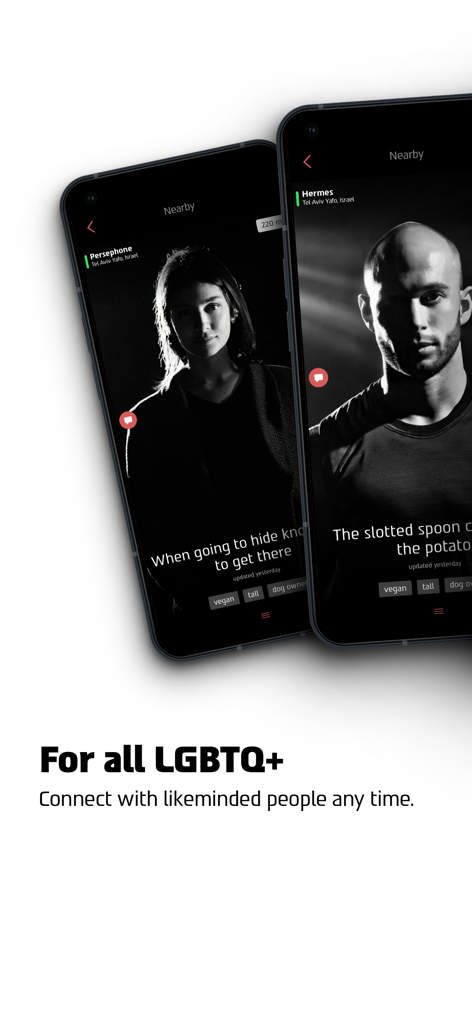 Atraf - dating app - Atraf mobile app screen displaying LGBTQ plus dating profiles and nearby connections