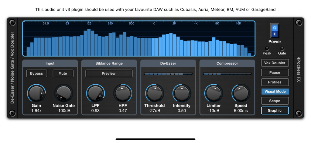 User interface of the De-Esser AUv3 audio plugin showing the frequency analyzer and vocal processing controls