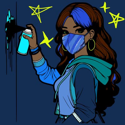 realistic girl with mask spray painting a wall