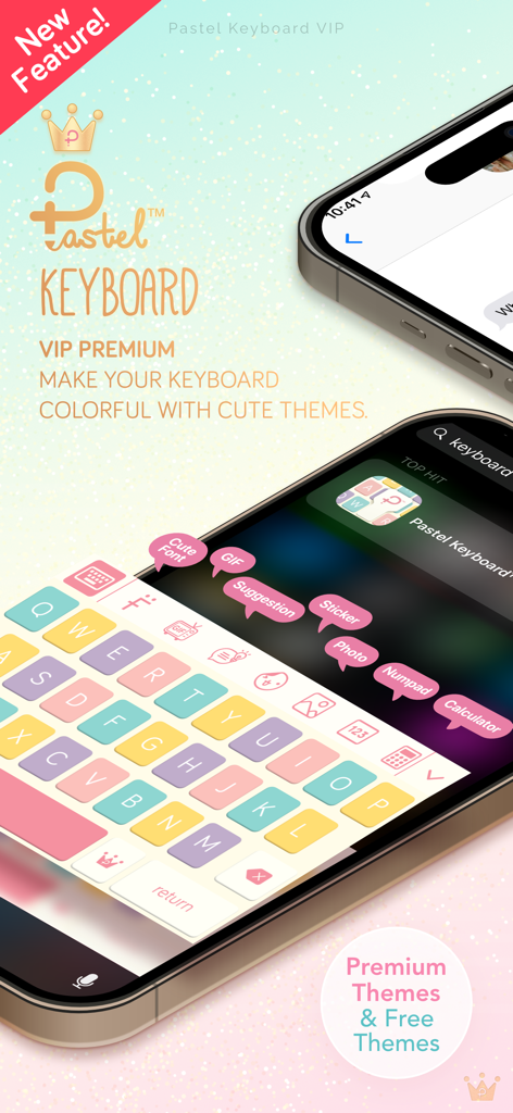 Pastel Keyboard Themes Color - iPhone screen showing a colorful pastel keyboard theme with custom feature bubbles like stickers and calculator