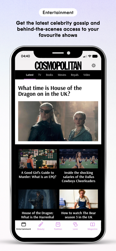 Cosmopolitan UK - Cosmopolitan UK app interface showing entertainment news and celebrity gossip articles on a smartphone