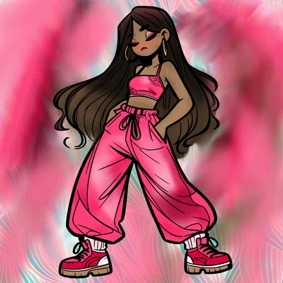 girl in baggy pants crop top and long hair