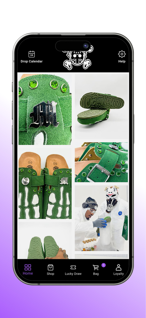 OM NEWYORK - Mobile app home screen for OM NEWYORK featuring a collection of green luxury clogs and brand lifestyle imagery.