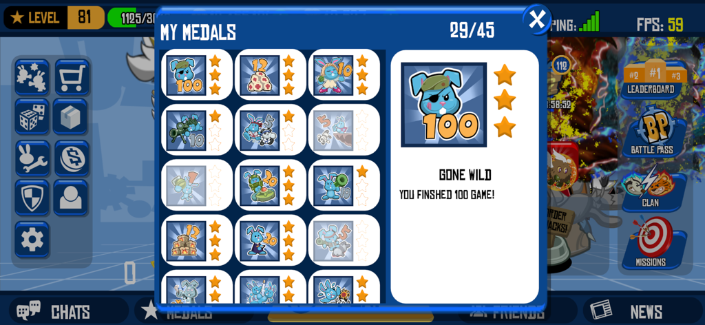 Wild Ones Battle Stadium - Menú de medallas de Wild Ones Battle Stadium mostrando logros desbloqueados y un ícono de personaje de conejo azul