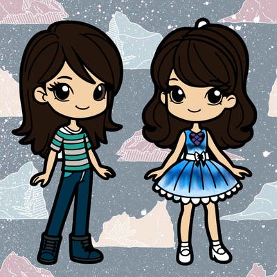 two sisters one with hair up the other with hair down and one dressed like a tomboy the other more girly