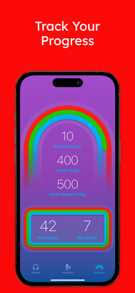 Glisten · Language Podcasts - The Glisten app progress screen showing daily learning statistics including minutes today and a seven day streak