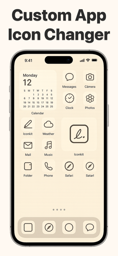Custom App Icon Maker: IconKit - An iPhone home screen showing an aesthetic minimalist beige theme with custom app icons and widgets created using IconKit