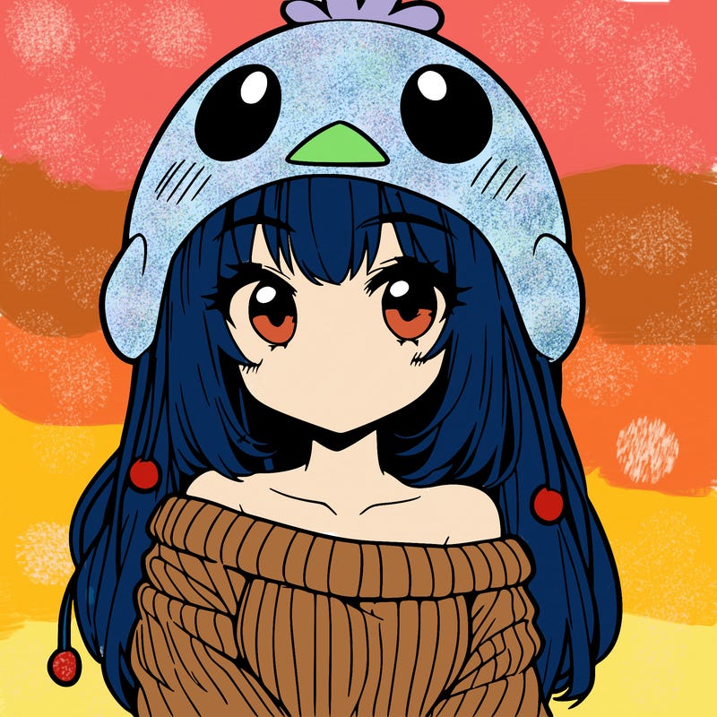 anime girl with chick shaped hat with sweater with bare shoulders with bangs covering them one eye with low tail