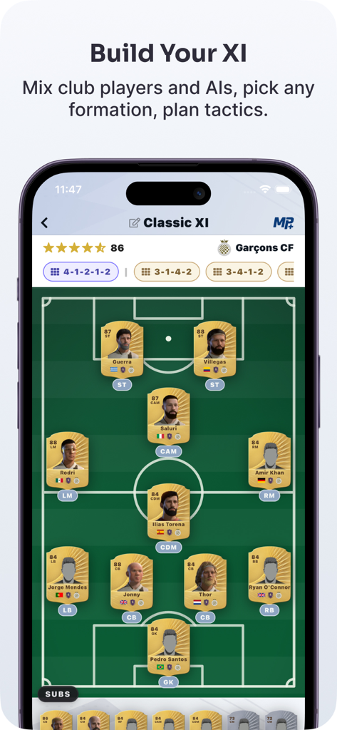 MyPlayer+ - MyPlayer plus App-Oberfläche zum Erstellen einer Fußballmannschaftsaufstellung und zum Planen von Taktiken