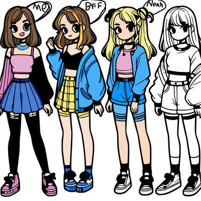 one girl with crop-top shirt and a jacket with a skirt, long socks and another girl with a shirt and pants with a jacket