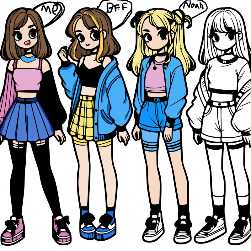 one girl with crop-top shirt and a jacket with a skirt, long socks and another girl with a shirt and pants with a jacket