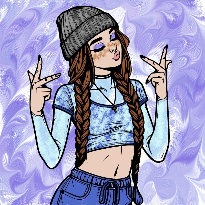 realistic teenage girl with braids and a beanie and crop top doing 🫶🏼