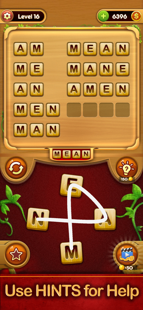 Juego de Word Connect que muestra un nivel de crucigrama con un tema de tablero de madera y una indicación para usar pistas para obtener ayuda.