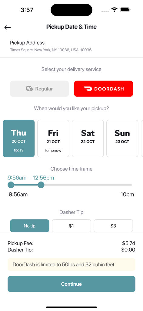 Load Laundromat - Load Laundromat app interface for scheduling a laundry pickup date and time with DoorDash delivery option