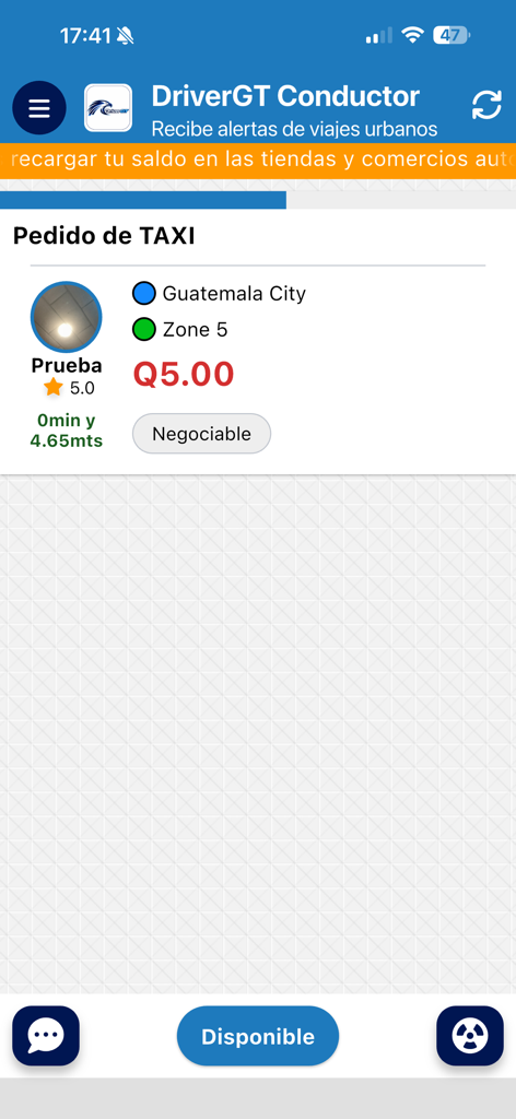 DriverGT Conductor - DriverGT Conductor mobile app interface showing a taxi ride request in Guatemala City with price and location details.