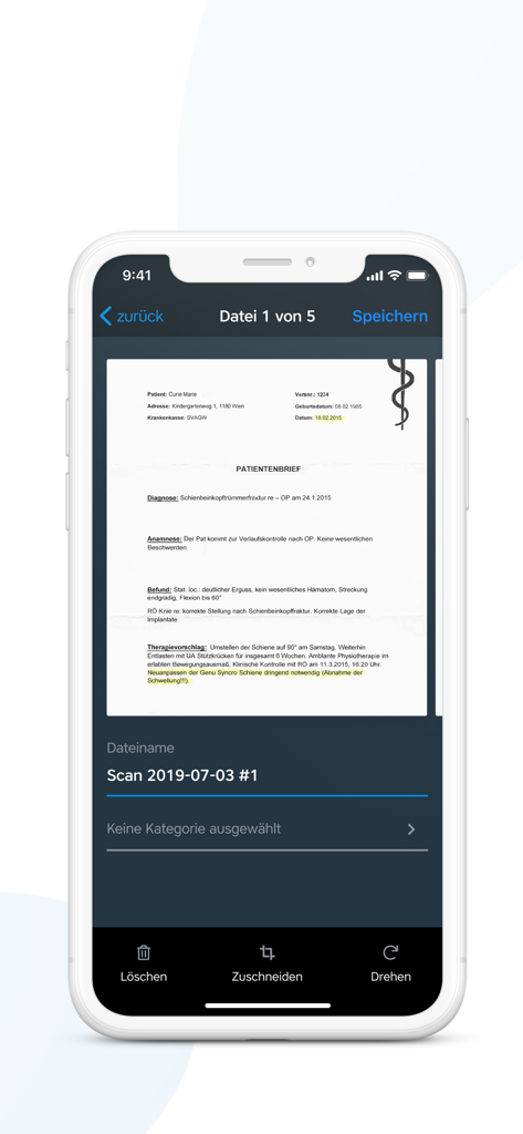 appointmed Praxisverwaltung - Benutzeroberfläche der appointmed-App, die einen gescannten medizinischen Bericht zeigt, der zum Speichern bereit ist