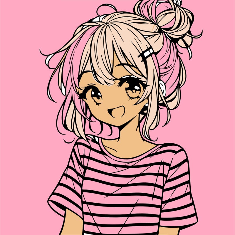 anime girl teenager striped shirt and smile and messy bun