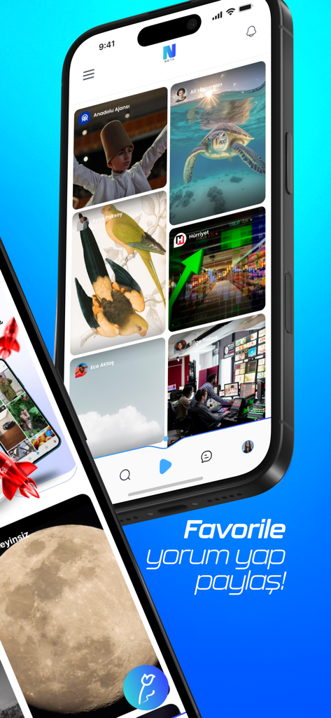 NSosyal - Un smartphone affichant l'interface de l'application NSosyal avec une grille multimédia montrant des images de nature, d'actualités et de personnes
