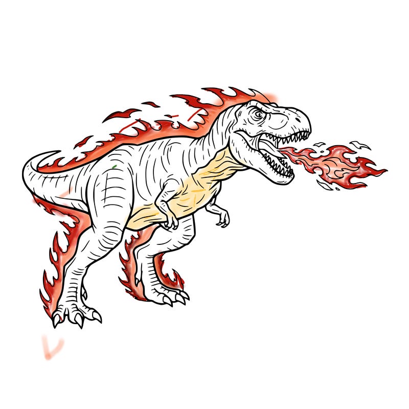 trex with aura and has some fire coming out of his mouth