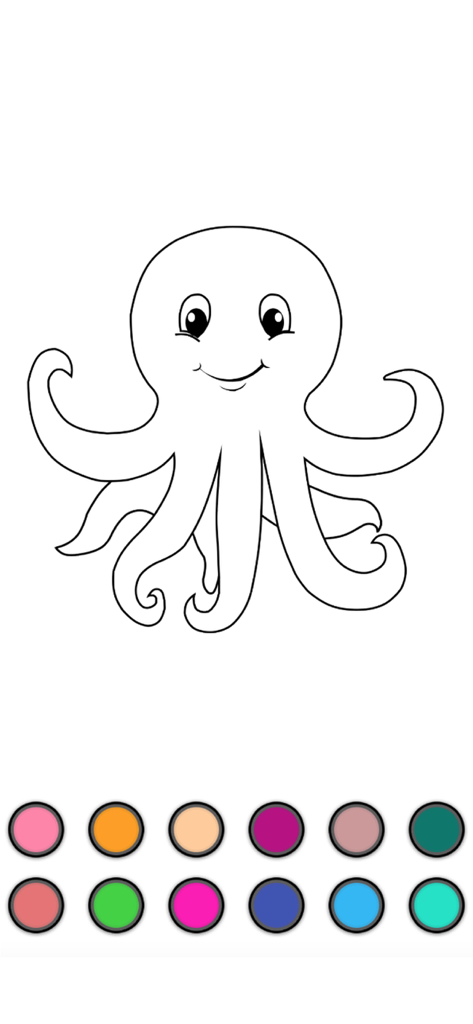 Color By memory: Coloring Book - Black and white outline of an octopus with a palette of colorful swatches for memory-based coloring
