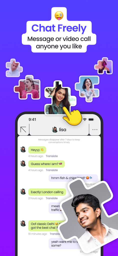Captura de pantalla de la aplicación móvil Viberse que muestra una interfaz de chat informal con fotos de perfil de piezas de rompecabezas flotantes y mensajería de texto.