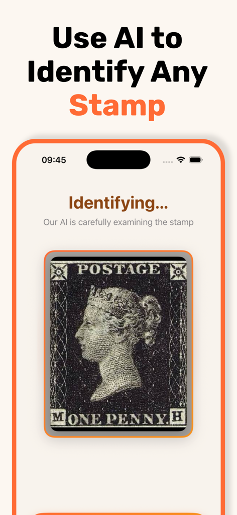 Stamp identifier - StampSnap - StampSnap app screen showing AI identifying a vintage One Penny postage stamp